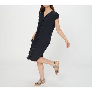 Truth + Style Dress ~V Neck Button Front Woven Pockets Black S Shirt A395929 NEW